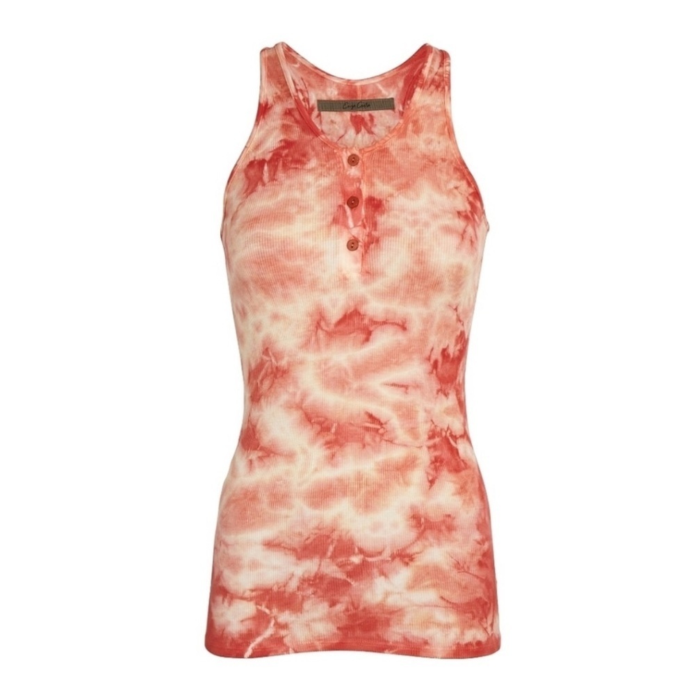 ENZA COSTA Orange Tie Dye Henley Tank Top Ribbed Stretch Small Long Line